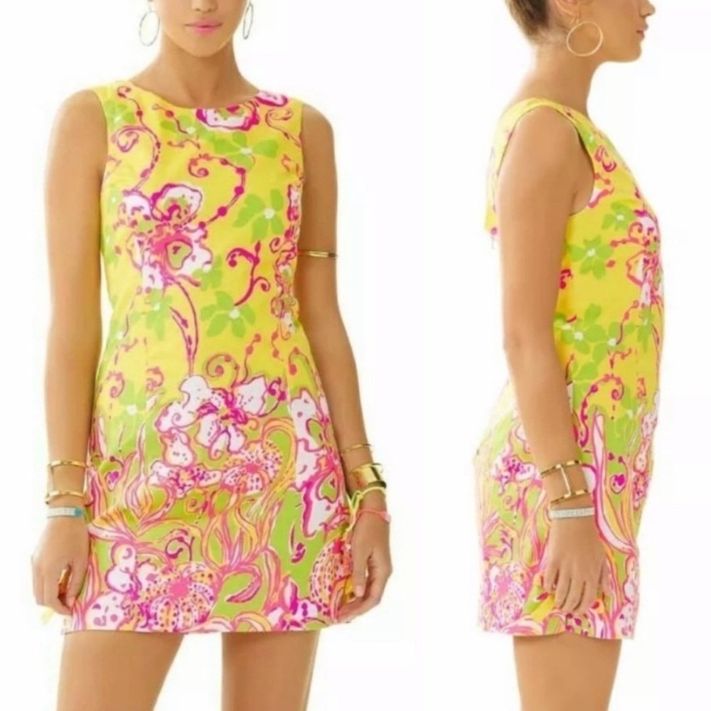 Lilly Pulitzer Delia Women Yellow Pink Floral Sleeveless Shift Mini Dress Size 0